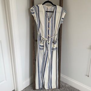 MONTEAU Linen Capri Striped Belted Jumpsuit